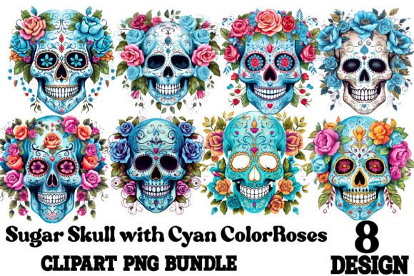 Sugar Skull with Cyan Color Roses: A Bold Design Asset